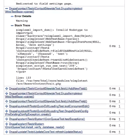 Each failed test includes the severity level and stack trace.